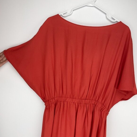 TARA JARMON Fluid Elasticated Waist Back Detailling Solid Red Mini Dress Size 38 - Picture 3 of 7